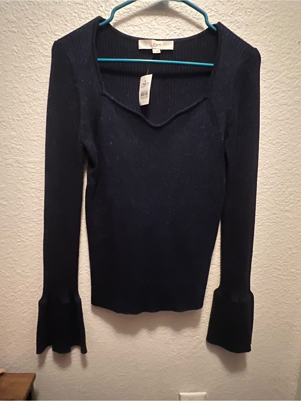 LOFT Dark Navy V-Neck Sweater with Flared Cuffs